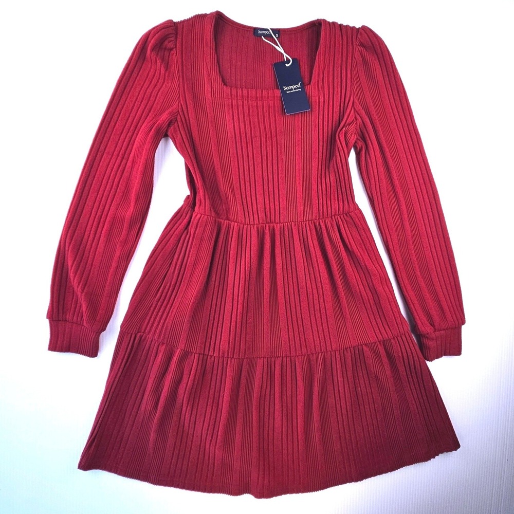 Sampeel Red Ribbed Knit Tiered Babydoll Dress Long Sleeve Square Neck Small NWT